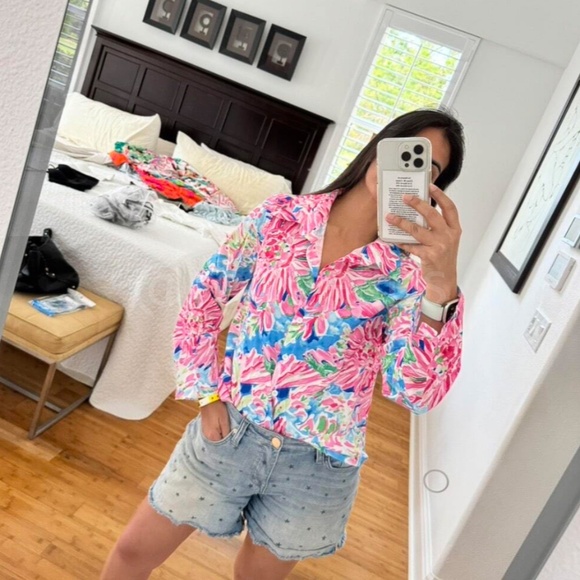 Floral Print Button Down Shirt Top Long Sleeve Collared Pink Blue Multicolor - Picture 6 of 8